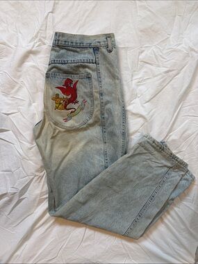 Light Wash Men's Jeans with Red Embroidered Patch